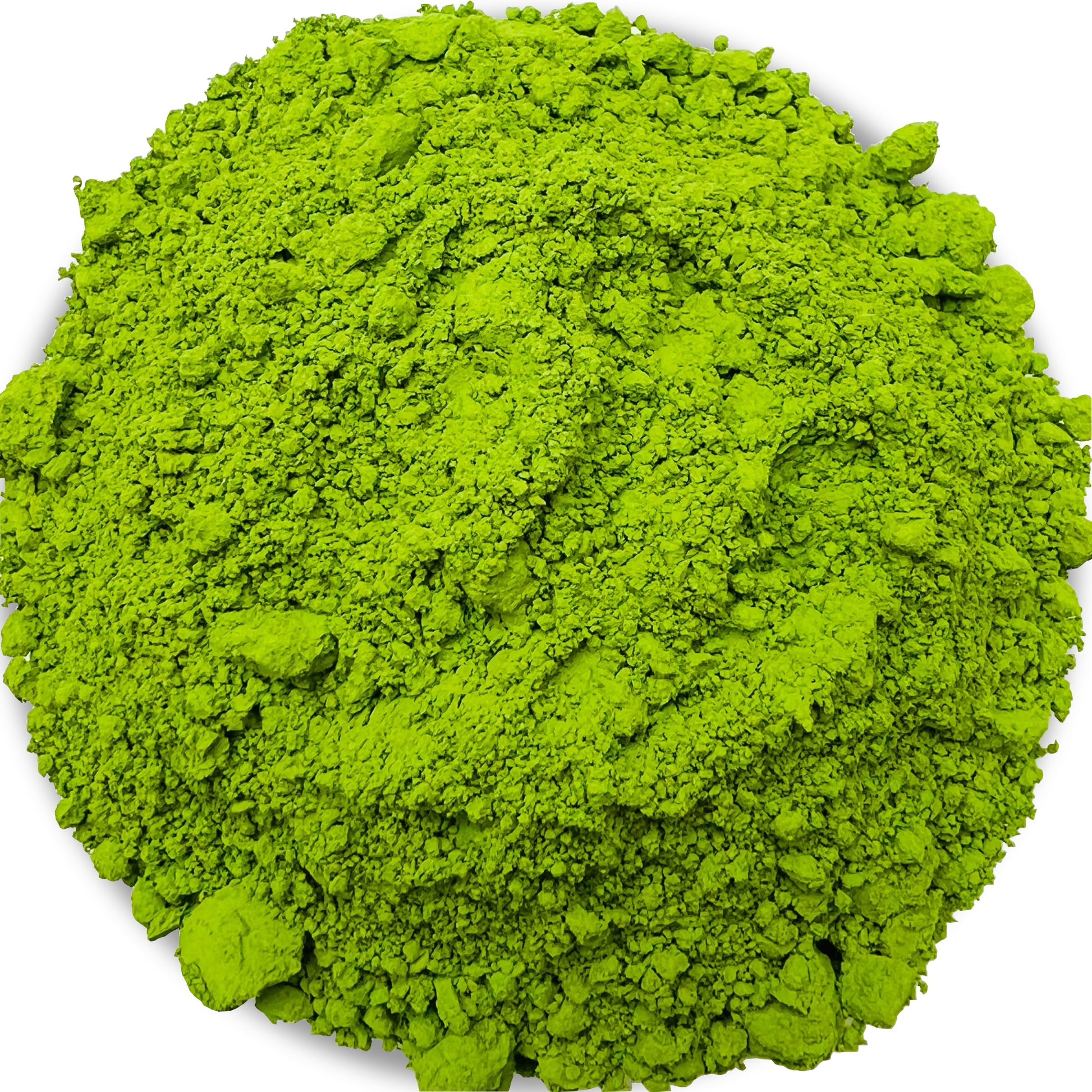 A mound of bright green matcha powder with a white background