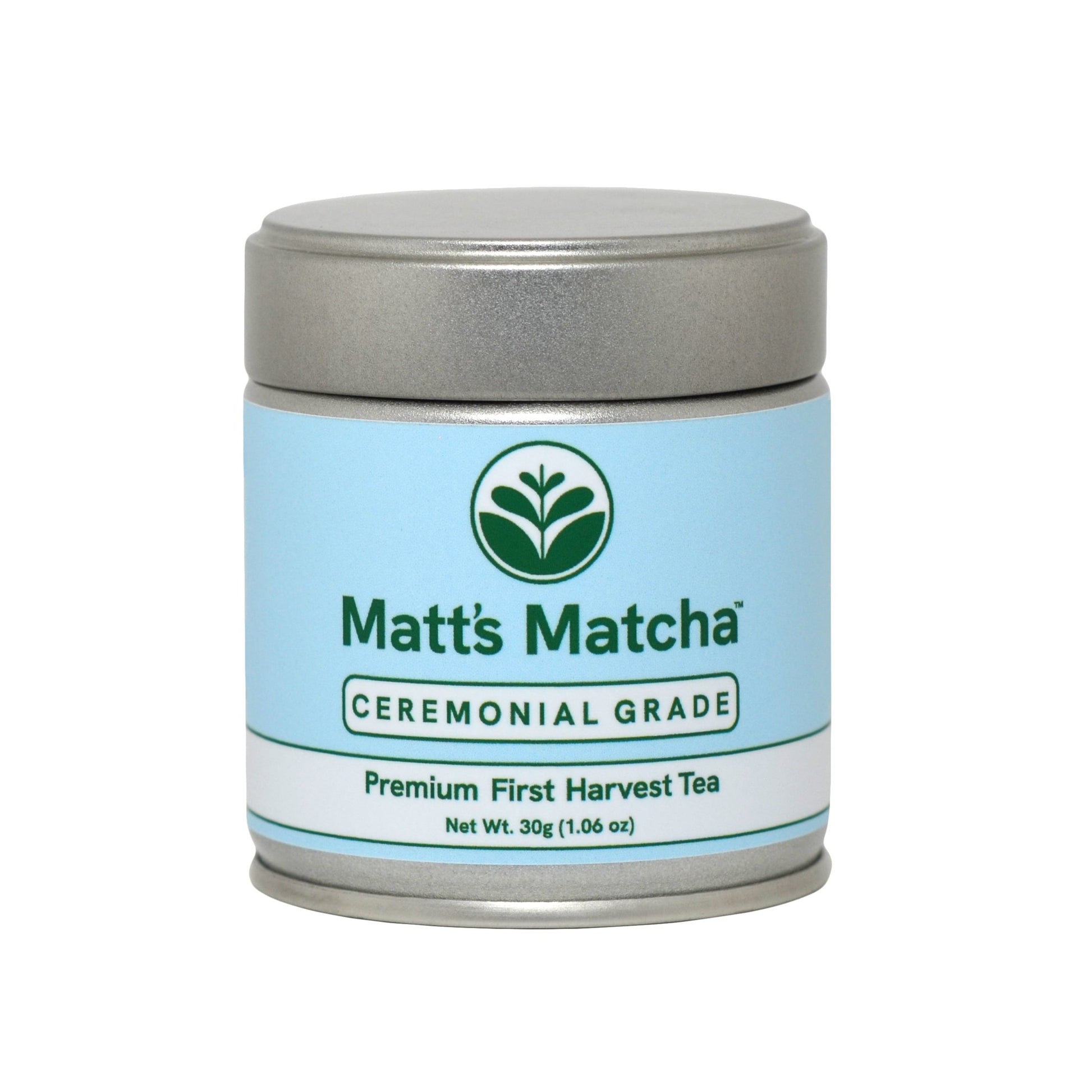 A sleek metal tin of matcha with a blue label featuring green 'Matt's Matcha' lettering 